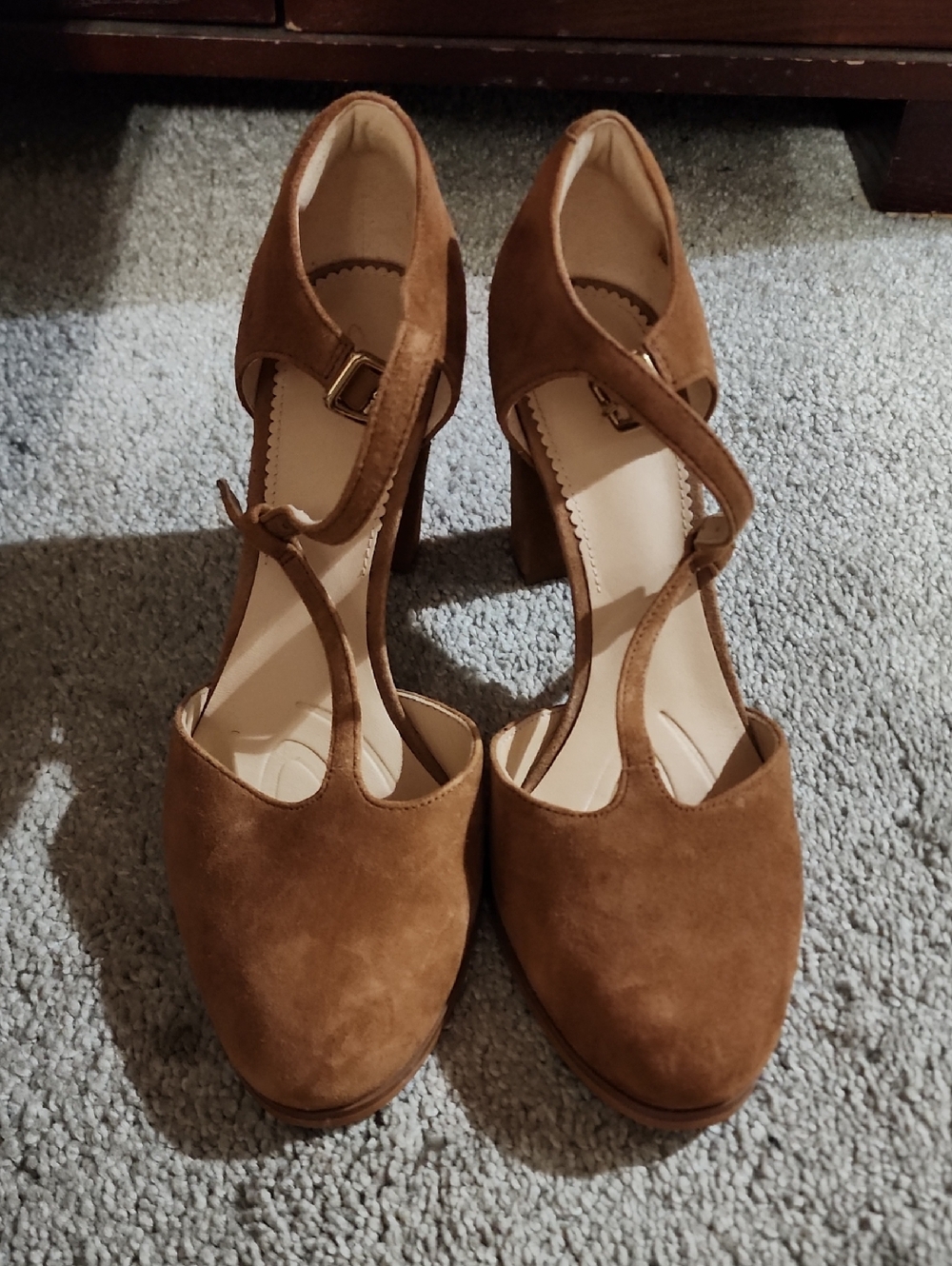 Clarks Brown Suede T-Strap Block Heels